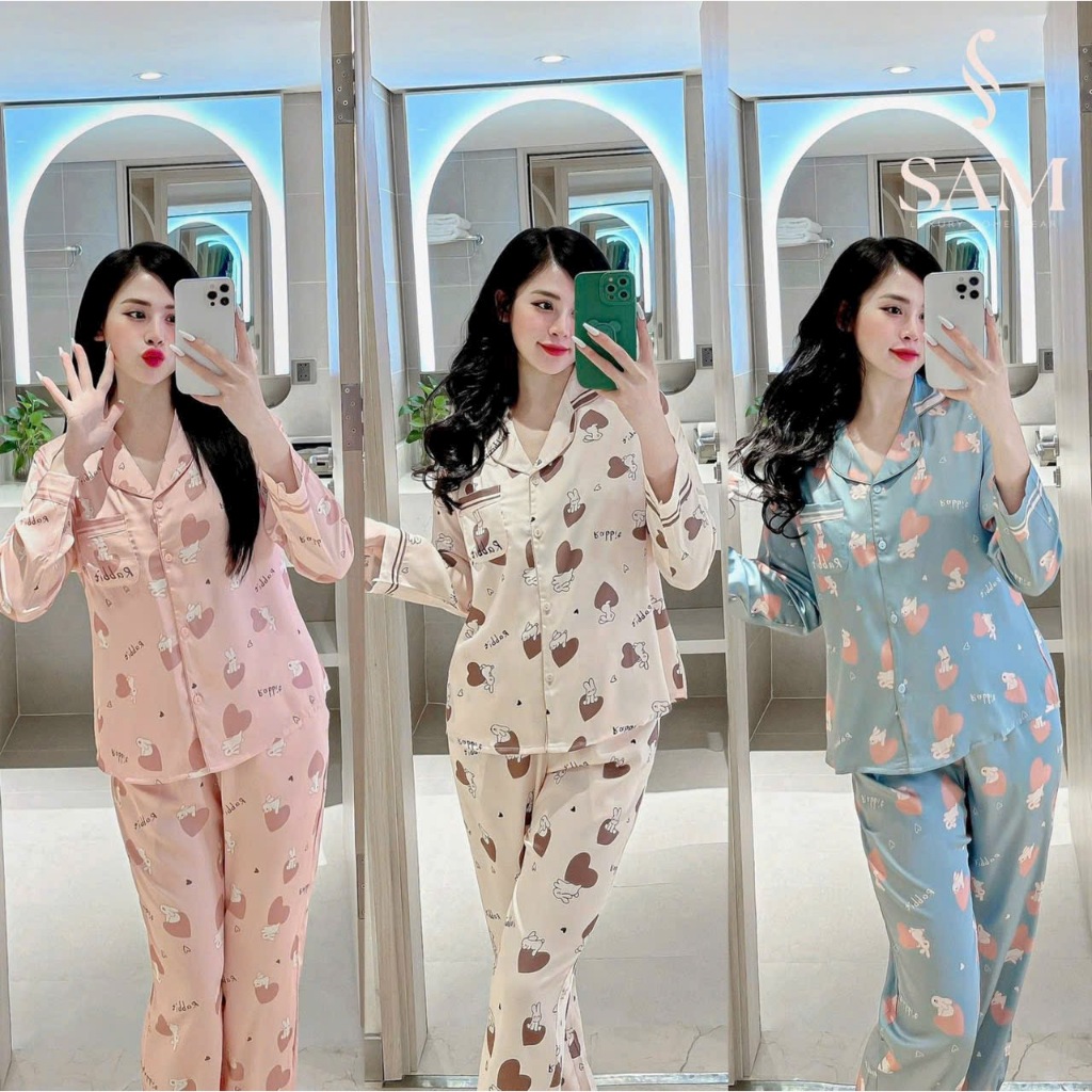 Bộ pijama nữ áo dài quần dài họa tiết tim nhiều màu chất lụa tơ cao cấp Xumaki Store