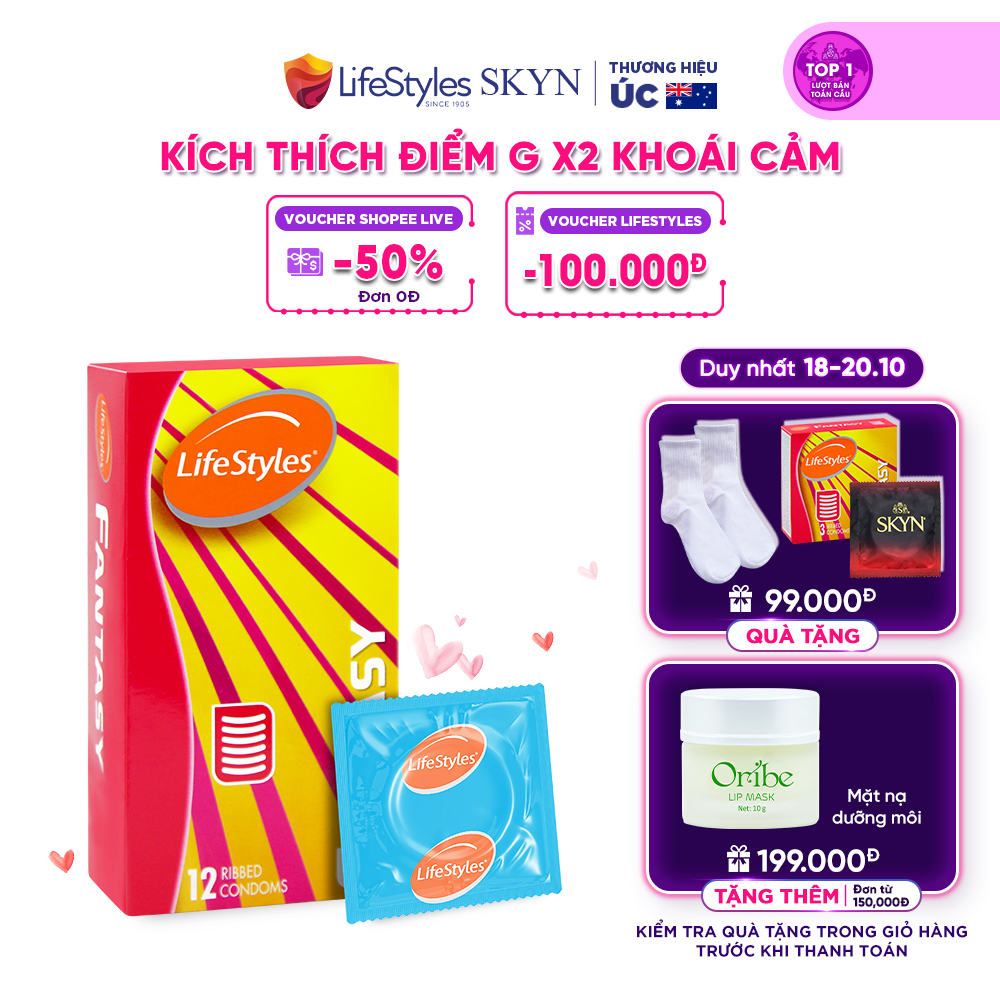 Bao Cao Su Gân Ngang Nổi Dập Tăng Cực Khoái Gấp 4 Lần Lifestyles Fantasy Thiết Kế Ôm Sát 100% Không Rách Bao - 12 bao/H