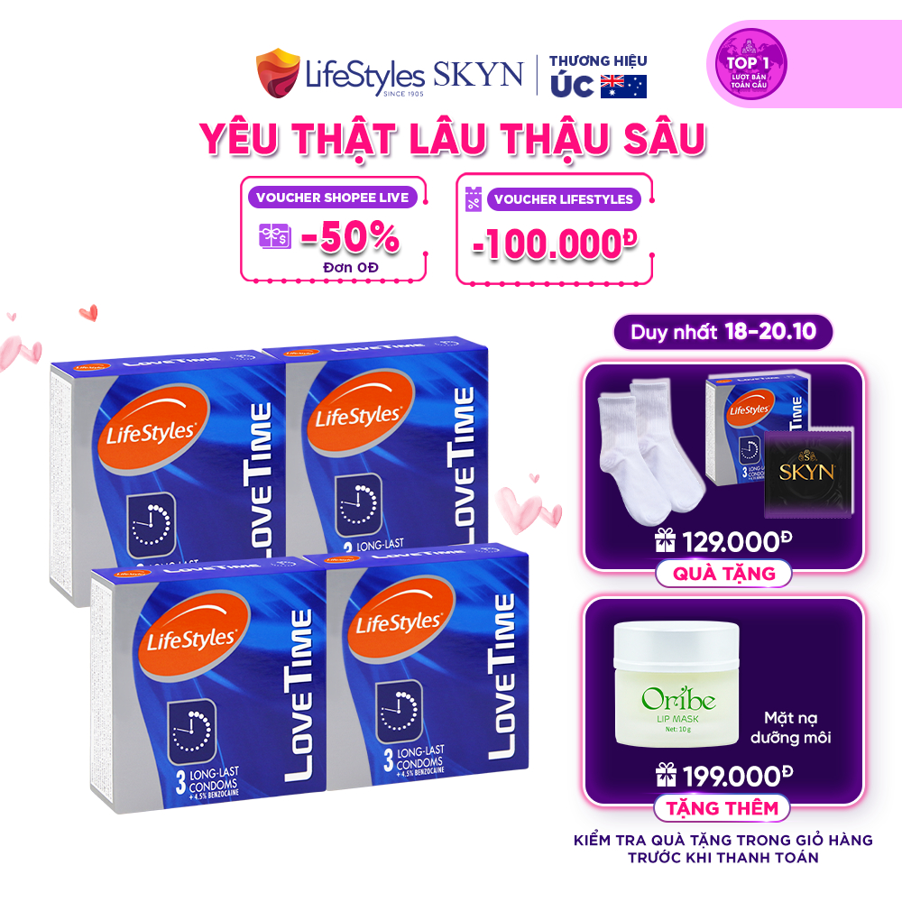 Bộ 4 Bao Cao Su Kéo Dài Thời Gian Thiết Kế Mỏng Nhẹ LifeStyles Love Time Ôm Sát 100% Không Rách Bao - Hộp 3 bao