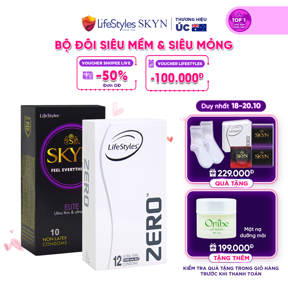 Combo 1 Hộp Bao Cao Su LifeStyles SKYN Elite Non-latex 10 bao + 1 Hộp Bao Cao Su LifeStyles Zero 12 bao