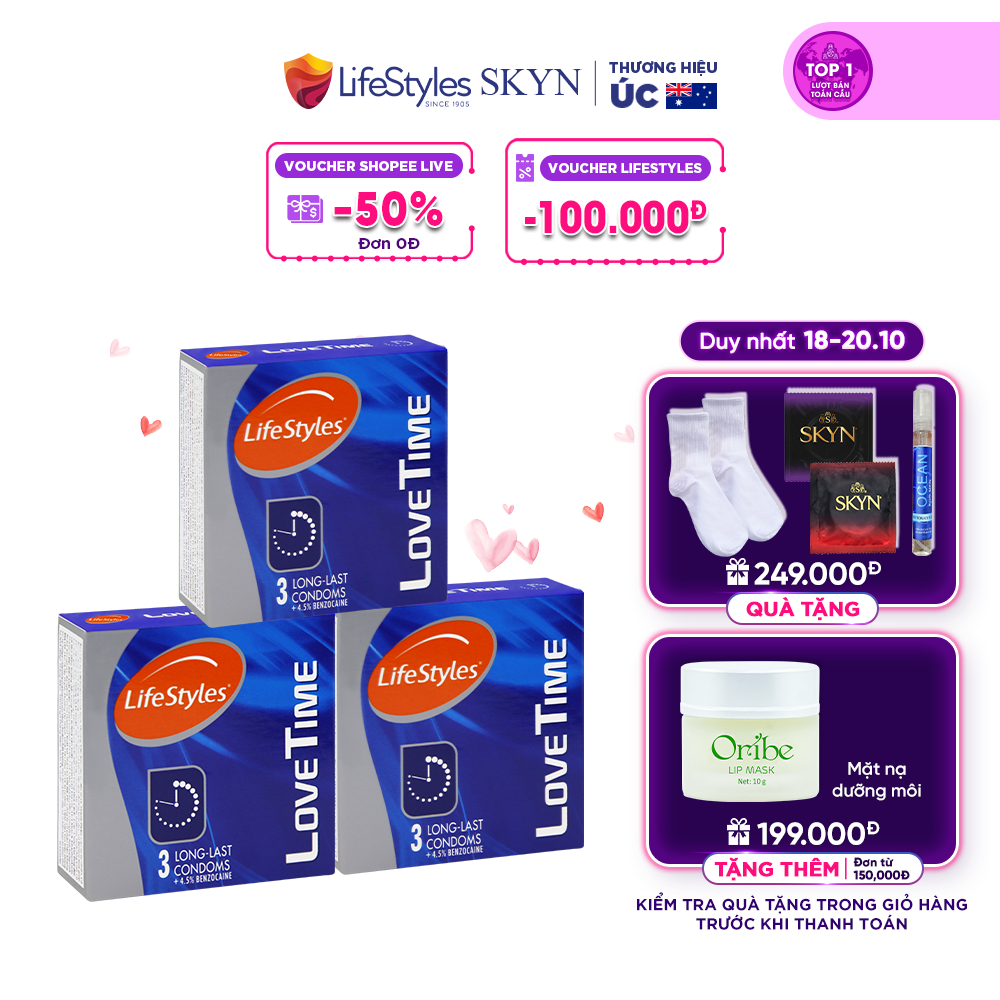 Bộ 3 Bao Cao Su Kéo Dài Thời Gian Thiết Kế Mỏng Nhẹ LifeStyles Love Time Ôm Sát 100% Không Rách Bao - Hộp 3 bao