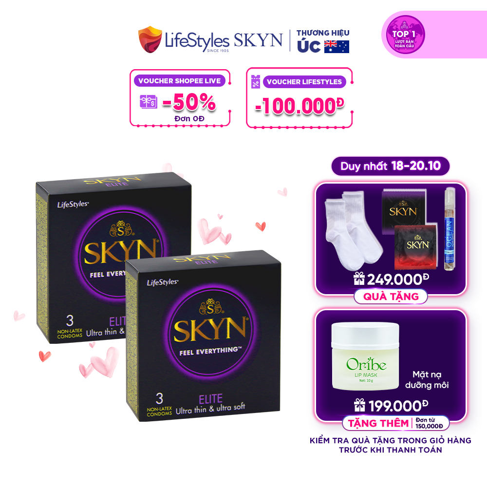 Combo 2 Bao Cao Su Non-latex Siêu Mềm Siêu Mỏng LifeStyles SKYN ELITE Không Mùi Cao Su, Không Gây Dị Ứng - Hộp 3 bao