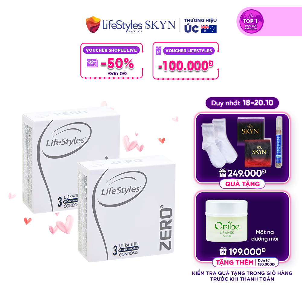 Combo 2 Bao Cao Su Siêu Mỏng Vô Hình Truyền Nhiệt Nhanh LifeStyles ZERO Nhiều Gel Bôi Trơn Tăng Khoái Cảm - Hộp 3 bao