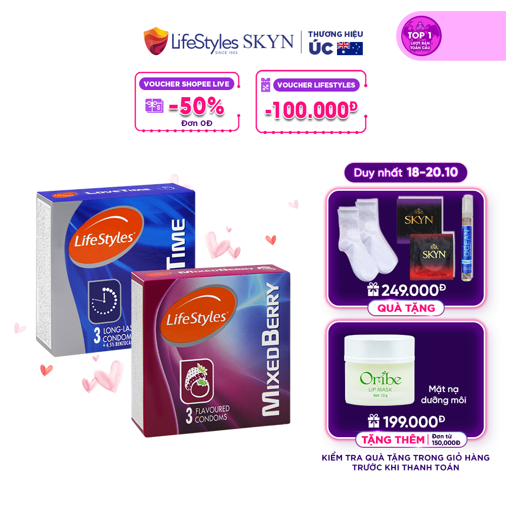 Combo 1 Hộp Bao Cao Su LifeStyles Love Time 3 bao + 1 Hộp Bao Cao Su LifeStyles Mixed Berry 3 bao