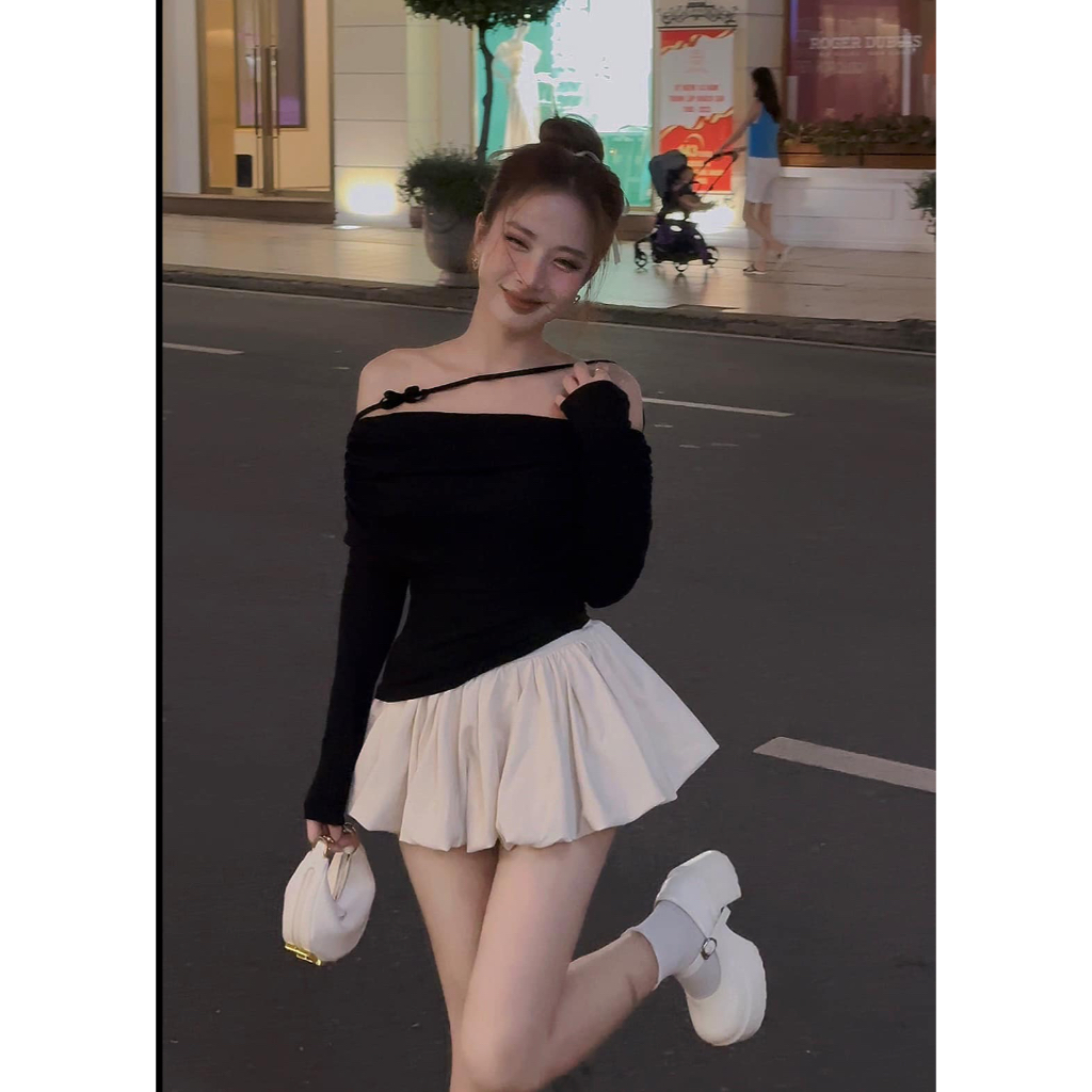 Áo trễ vai dây chéo cổ 𝐁𝐀𝐆𝐄𝐎 phối chân váy xoè bồng