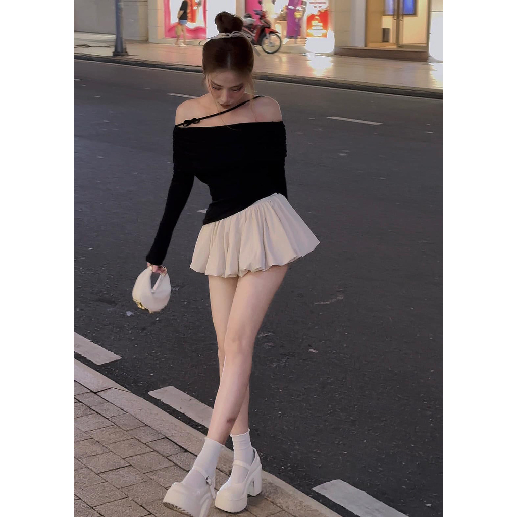 Áo trễ vai dây chéo cổ 𝐁𝐀𝐆𝐄𝐎 phối chân váy xoè bồng