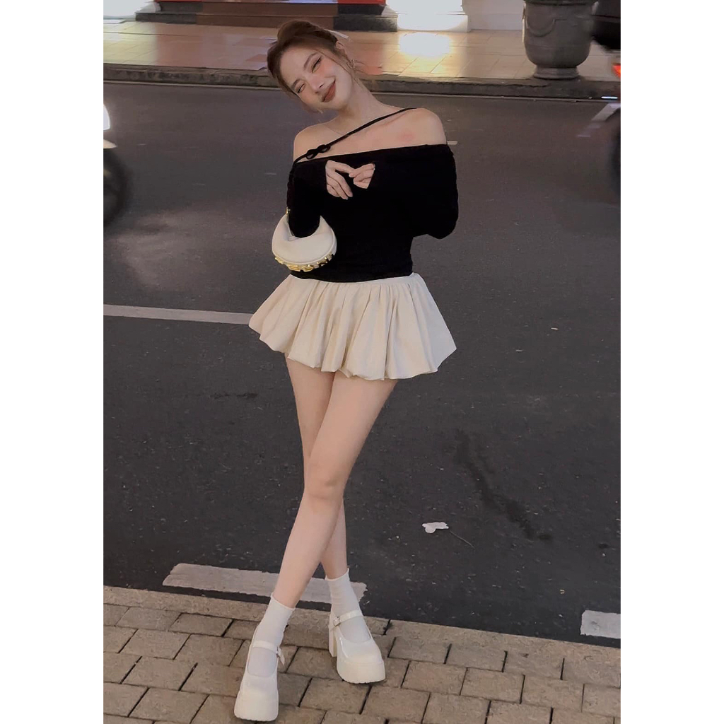 Áo trễ vai dây chéo cổ 𝐁𝐀𝐆𝐄𝐎 phối chân váy xoè bồng