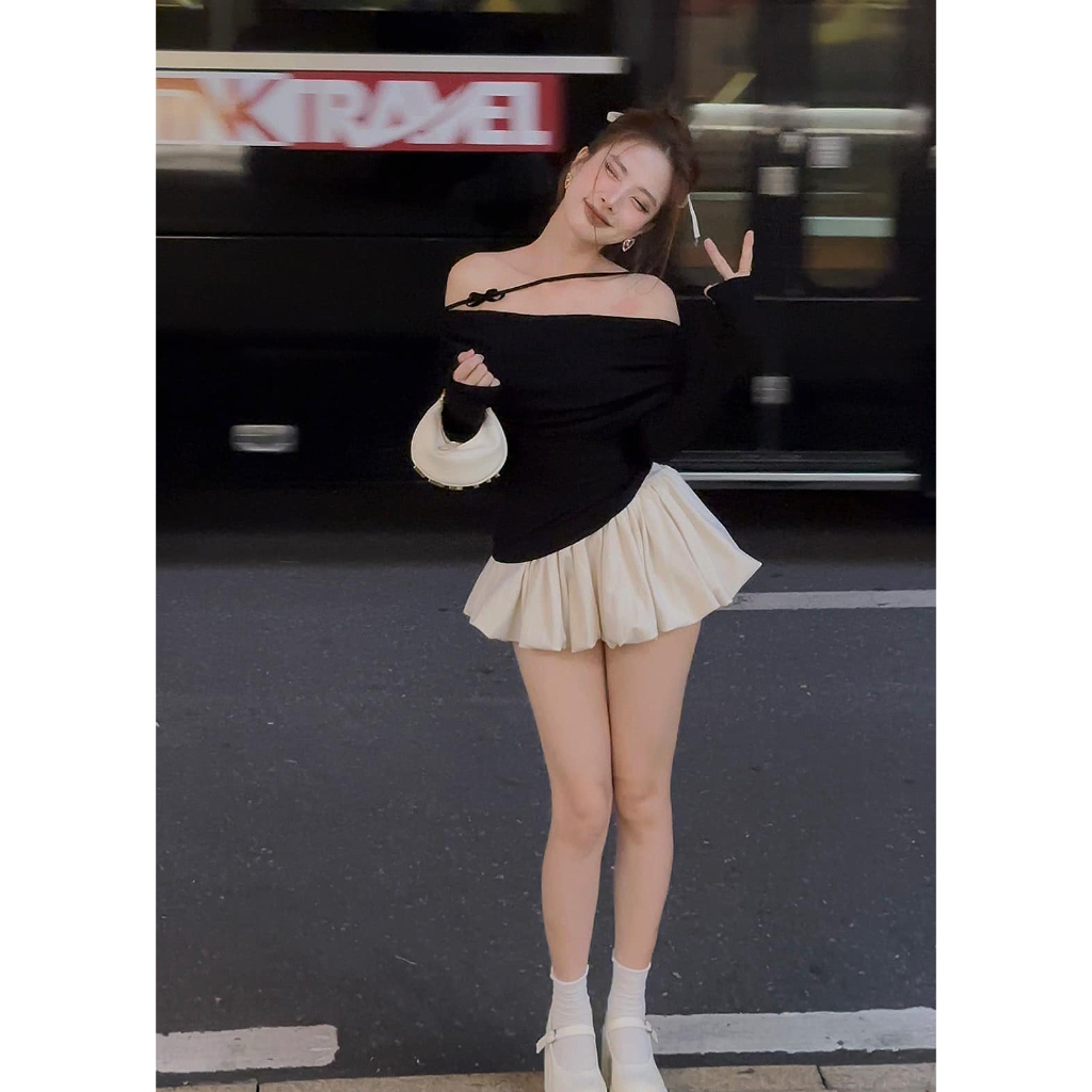 Áo trễ vai dây chéo cổ 𝐁𝐀𝐆𝐄𝐎 phối chân váy xoè bồng