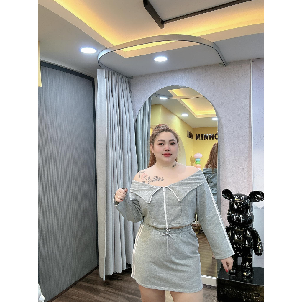 Set bẹt vai dây kéo bigsize tay dài thảo minhon mix chân váy kèm lót quần từ-60-90kg