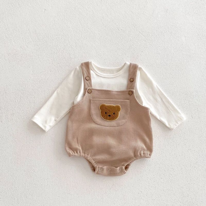 Set bodysuit thun tổ ong đính gấu kèm áo cho bé