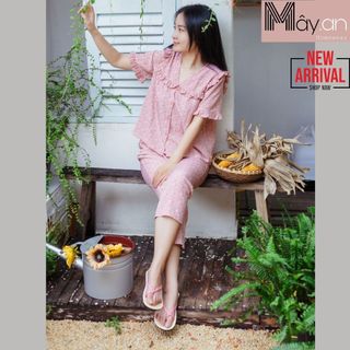 Đồ mặc nhà Mây áo lụa Nhật cổ tim bèo họa tiết hoa nhí quần dài