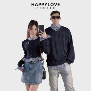 Áo len đôi nam nữ đi đà lạt với người yêu HAPPYLOVE màu xanh than giả kiểu dáng sơ mi tặng kèm phụ kiện cài áo M131