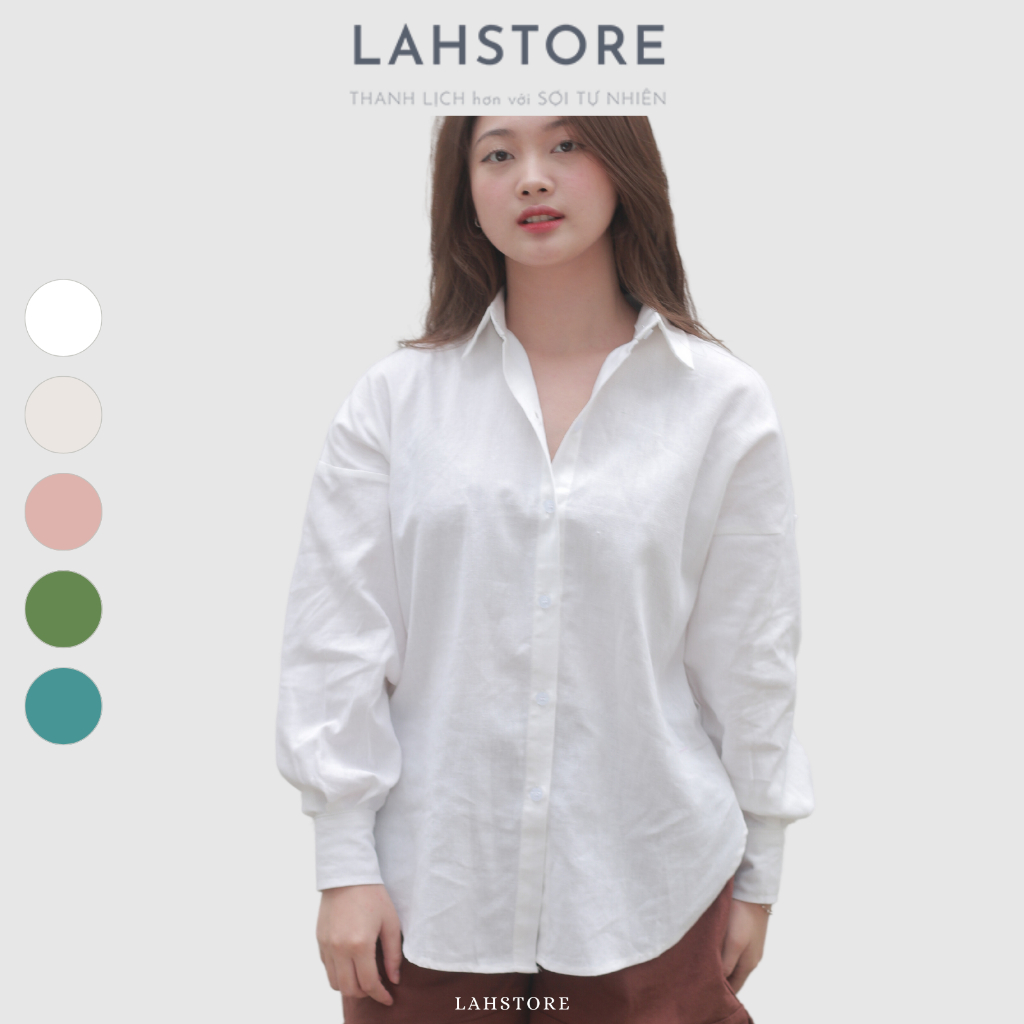 Áo sơ mi nữ form rộng tay dài LAHSTORE vải linen bột premium nhiều màu (Trắng)
