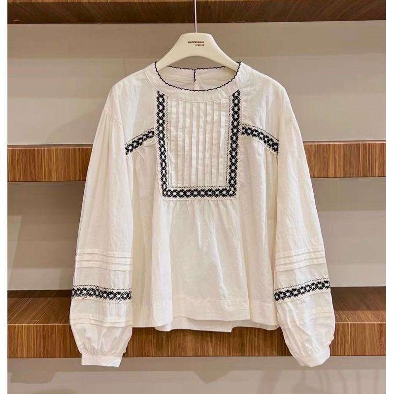 Áo Babydoll Be Hoạ Tiết Ren Viền Đen Cổ Tròn LINHBEE Phong Cách Hàn Quốc Vintage