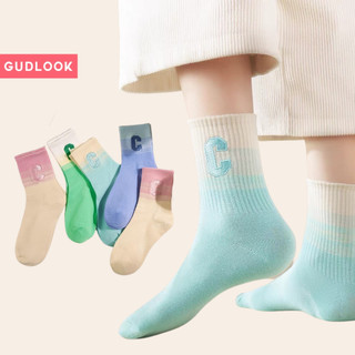 Set 5 Đôi Tất Nữ Chữ C GUDLOOK Cổ Cao Màu Sắc Gradient Trẻ Trung
