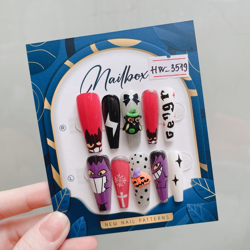 Nailbox thiết kế Halloween móng úp dán sẵn tặng kèm keo và dũa bộ 10 móng