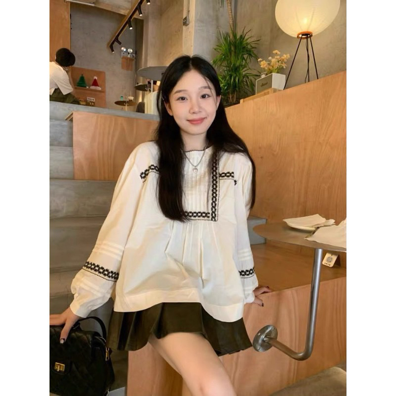 Áo Babydoll Be Hoạ Tiết Ren Viền Đen Cổ Tròn LINHBEE Phong Cách Hàn Quốc Vintage