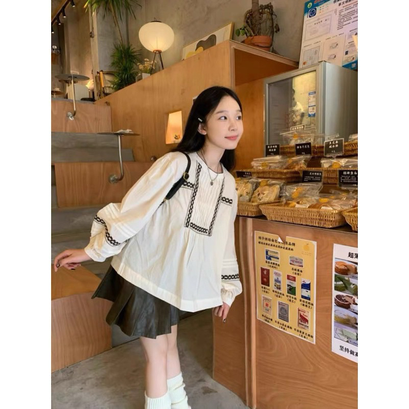 Áo Babydoll Be Hoạ Tiết Ren Viền Đen Cổ Tròn LINHBEE Phong Cách Hàn Quốc Vintage