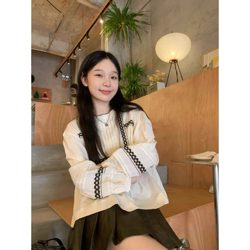 Áo Babydoll Be Hoạ Tiết Ren Viền Đen Cổ Tròn LINHBEE Phong Cách Hàn Quốc Vintage