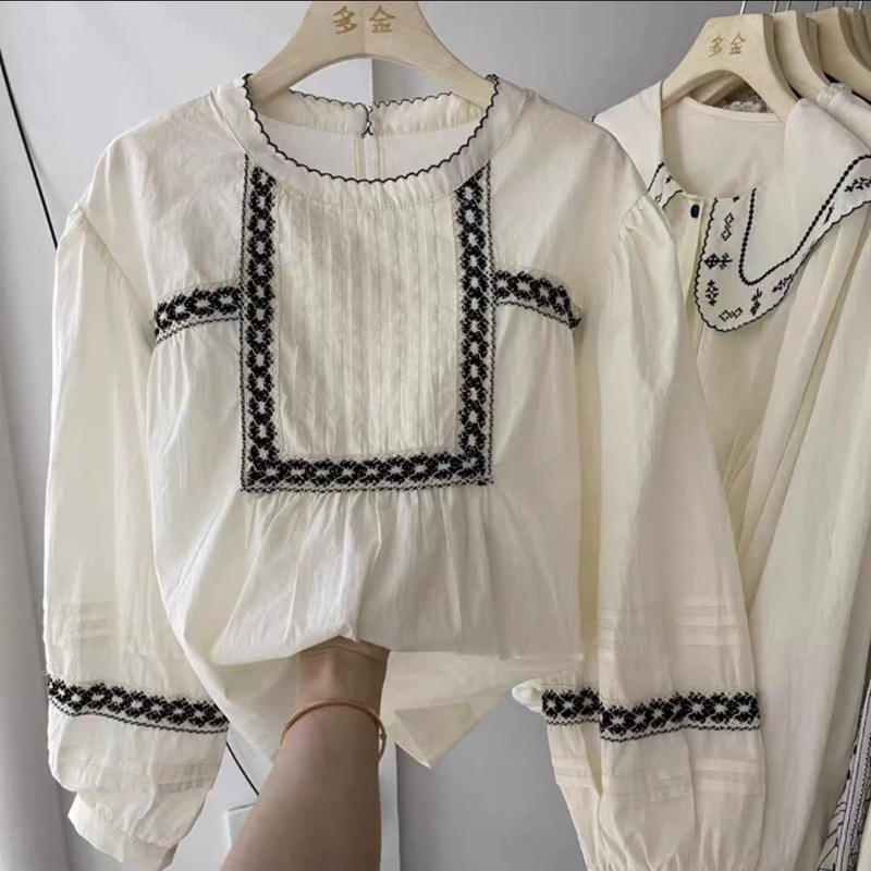 Áo Babydoll Be Hoạ Tiết Ren Viền Đen Cổ Tròn LINHBEE Phong Cách Hàn Quốc Vintage