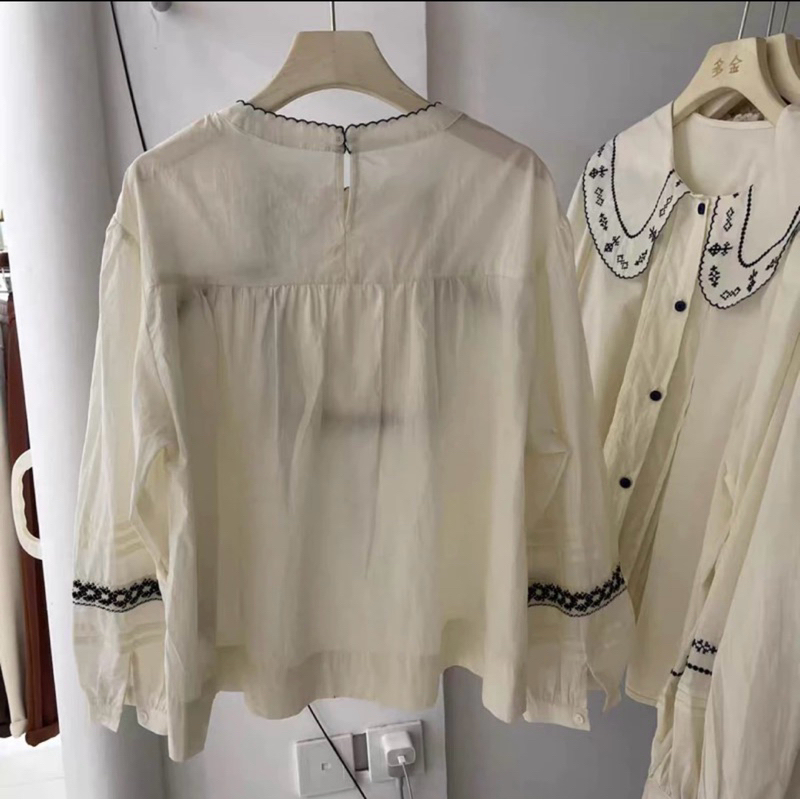 Áo Babydoll Be Hoạ Tiết Ren Viền Đen Cổ Tròn LINHBEE Phong Cách Hàn Quốc Vintage