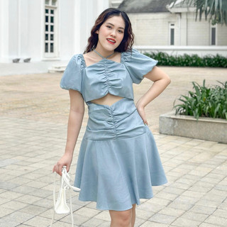 OOTD BIGSIZE | Đầm cổ yếm tay nhún ngực bụng khoét eo