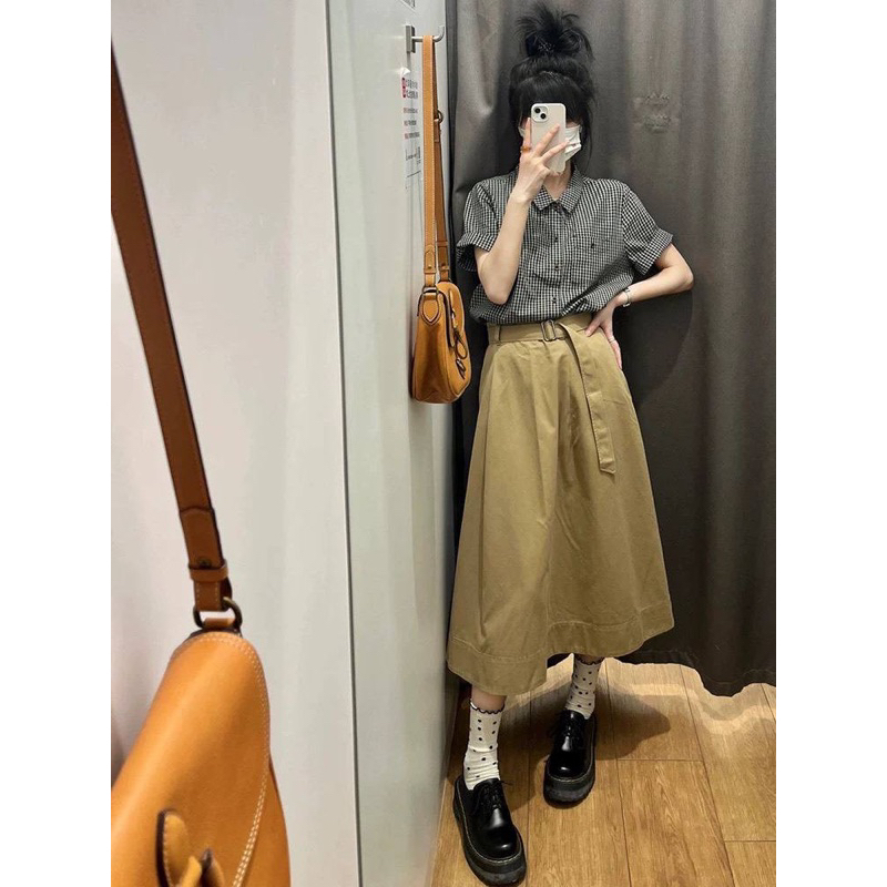 SET ÁO SƠ MI CARO - CHÂN VÁY MIDI NÂU