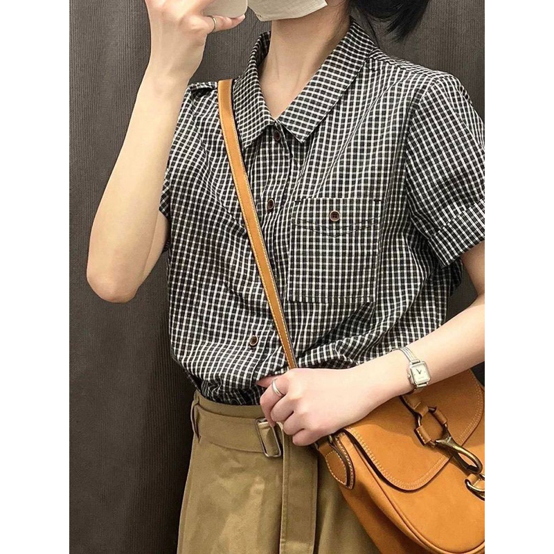 SET ÁO SƠ MI CARO - CHÂN VÁY MIDI NÂU