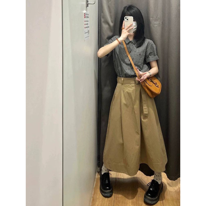 SET ÁO SƠ MI CARO - CHÂN VÁY MIDI NÂU
