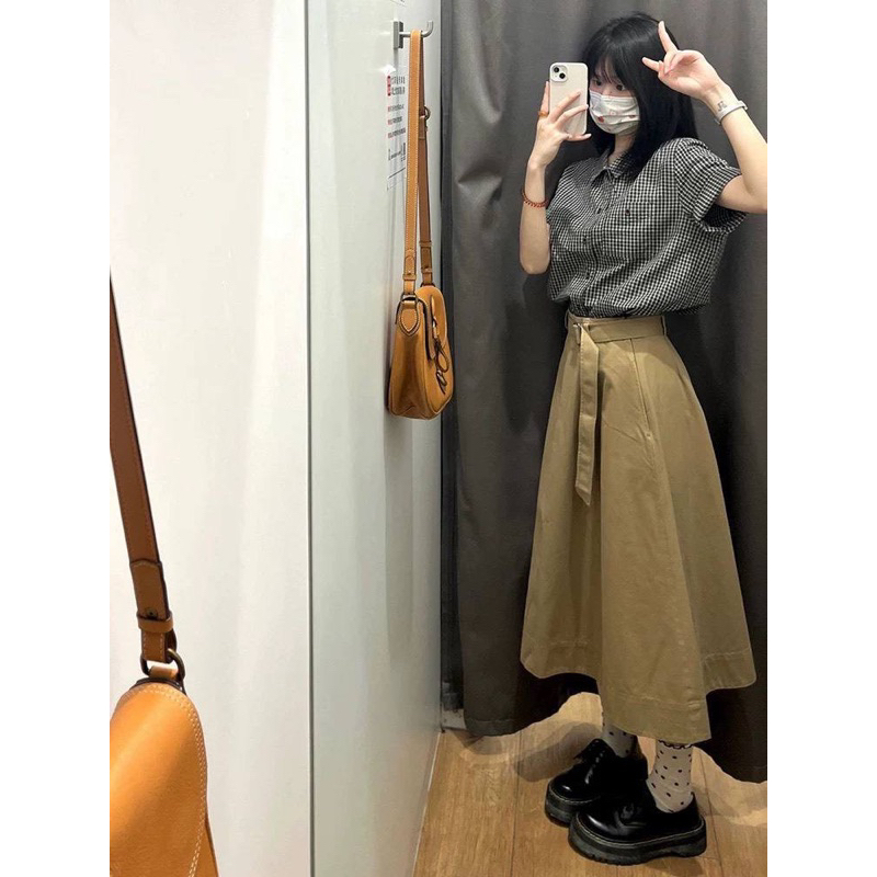 SET ÁO SƠ MI CARO - CHÂN VÁY MIDI NÂU