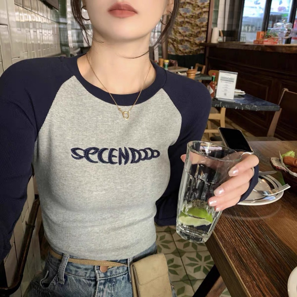 Áo thun croptop dài tay form baby tee thêu SECE vải len tăm dày dặn MA056D