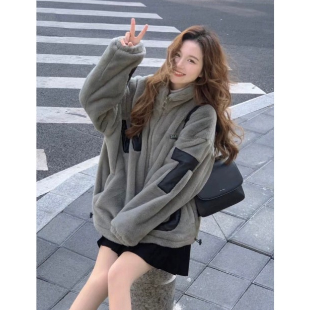 ÁO KHOÁC LÔNG XÁM PHỐI CHỮ TO SIÊU XINH CHẤT SIÊU ẤM MẶC ĐÔI SIÊU ĐẸP