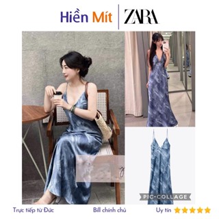 ZARA Đức - Đầm satin lụa maxi midi hai dây cổ V hở lưng đi biển dự tiệc màu loang xanh dương sale auth new sẵn 2180/325
