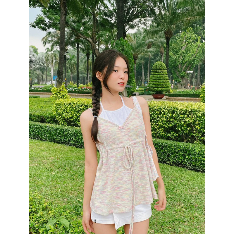 Áo 2 dây yếm thun trắng màu kẹo ngọt