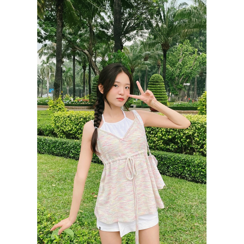Áo 2 dây yếm thun trắng màu kẹo ngọt