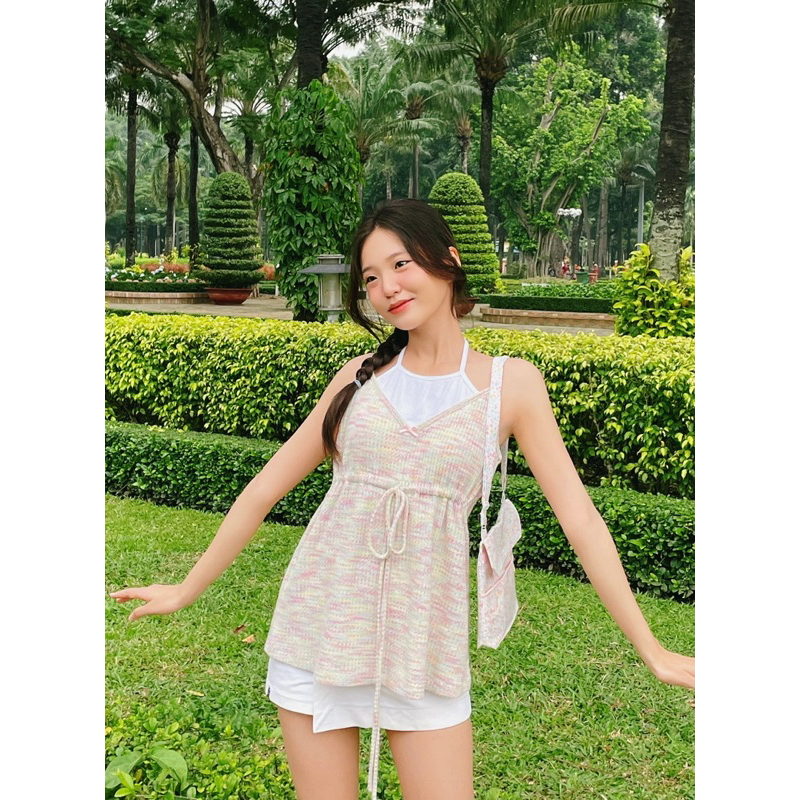 Áo 2 dây yếm thun trắng màu kẹo ngọt