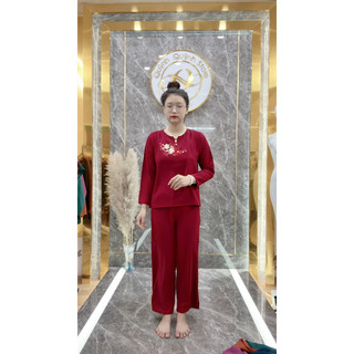 Bộ đũi hoa thêu trung niên tay dài quần dài , chất liệu đũi mềm