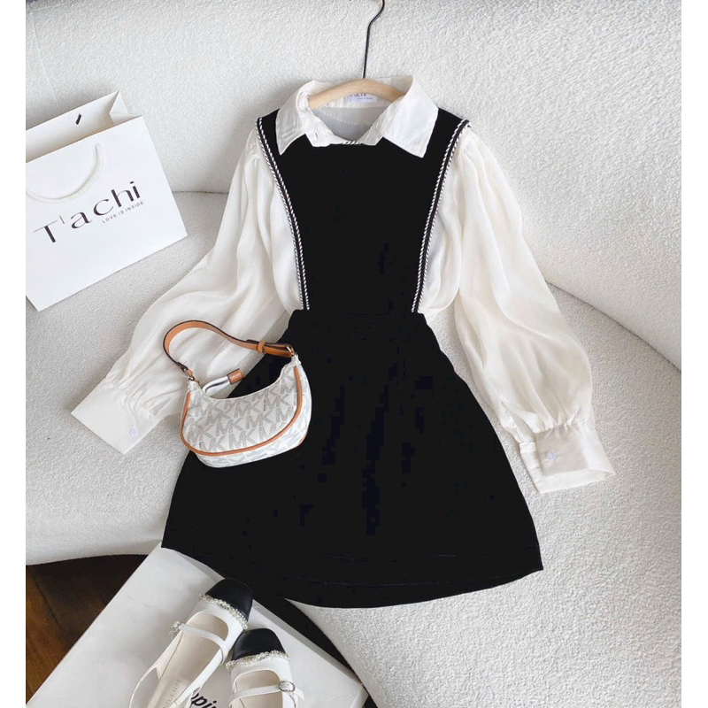 SET YẾM ĐEN VIỀN KÈM SƠ MI VOAN NUDE