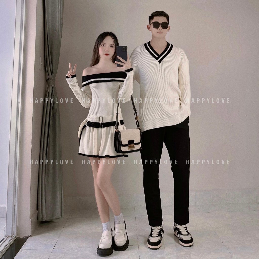 Đồ cặp đôi nam nữ set couple áo nam đầm nữ trễ vai mùa đông HAPPYLOVE màu trắng kem chất vải len dày mịn đẹp M133