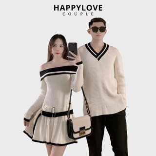 Đồ cặp đôi nam nữ set couple áo nam đầm nữ trễ vai mùa đông HAPPYLOVE màu trắng kem chất vải len dày mịn đẹp M133