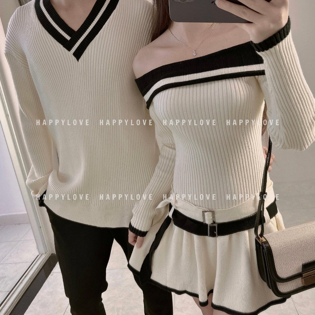 Đồ cặp đôi nam nữ set couple áo nam đầm nữ trễ vai mùa đông HAPPYLOVE màu trắng kem chất vải len dày mịn đẹp M133