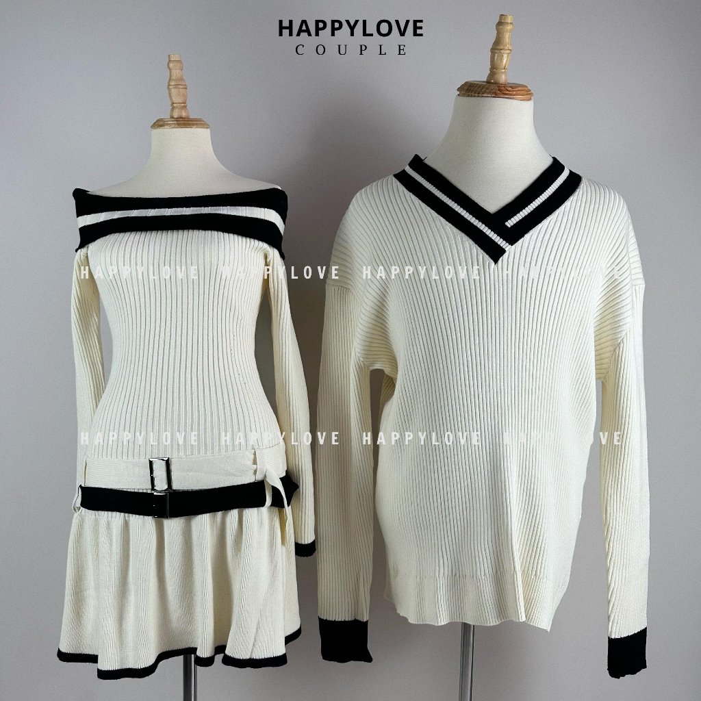 Đồ cặp đôi nam nữ set couple áo nam đầm nữ trễ vai mùa đông HAPPYLOVE màu trắng kem chất vải len dày mịn đẹp M133