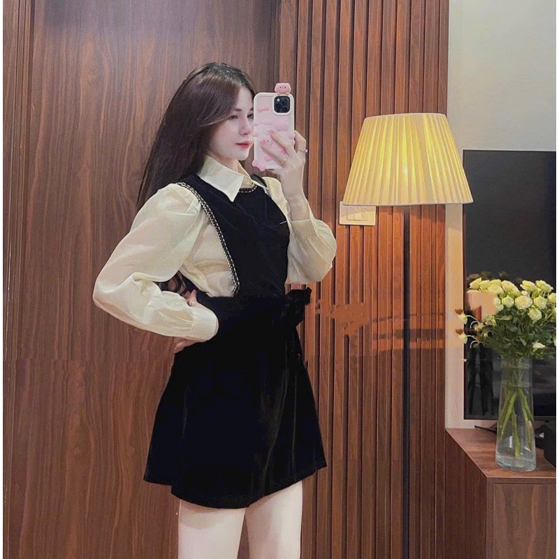 SET YẾM ĐEN VIỀN KÈM SƠ MI VOAN NUDE