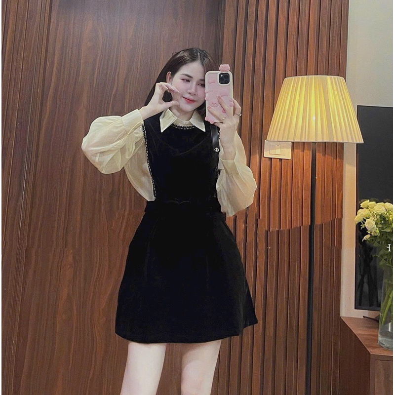 SET YẾM ĐEN VIỀN KÈM SƠ MI VOAN NUDE