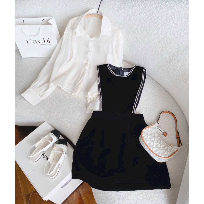 SET YẾM ĐEN VIỀN KÈM SƠ MI VOAN NUDE