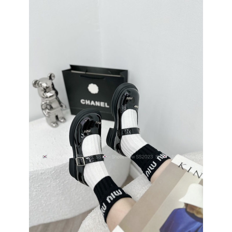 Giày búp bê miu phối chữ quai ngang da bóng mũi tròn đế thấp fullbox hàng quảng châu cao cấp