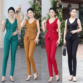 Sét bộ đồ thời trang nữ kiểu áo sát nách quần ống loe trẻ trung, sang trọng quý phái