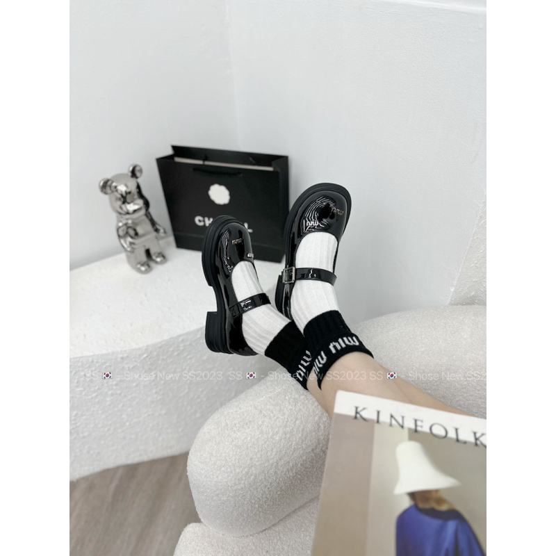 Giày búp bê miu phối chữ quai ngang da bóng mũi tròn đế thấp fullbox hàng quảng châu cao cấp