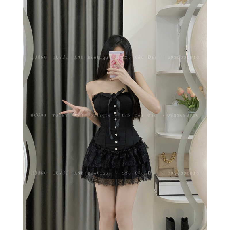 Set áo cúp ngực bèo đan dây lưng chân váy ren tầng