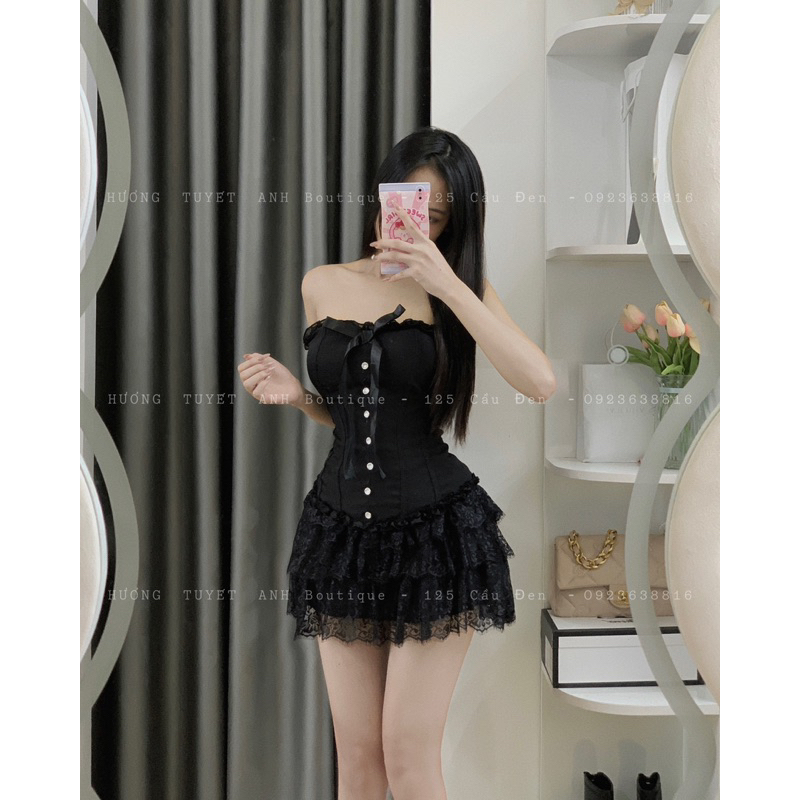 Set áo cúp ngực bèo đan dây lưng chân váy ren tầng